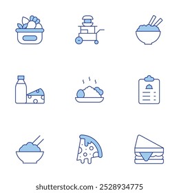 Food icons set. Line Duotone style, editable stroke. sandwich, menu, rice, milk, pizza, rice bowl, food stall, fried rice, healthy food.