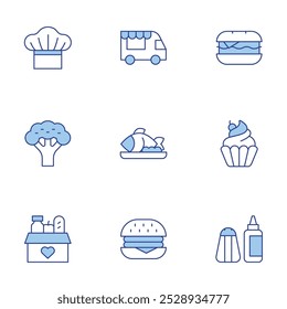 Conjunto de iconos de comida. Línea estilo Duotone, carrera editable. sal, pescado, food truck, hamburguesa, donación de alimentos, brócoli, hamburguesa, chef, cupcake.