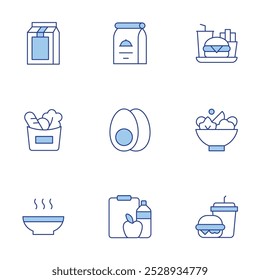 Food icons set. Line Duotone style, editable stroke. salad, nutrition, hot food, pack, package, fast, egg, groceries.