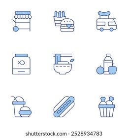 Food icons set. Line Duotone style, editable stroke. pet, pho, food stall, hot dog, feeding, food truck, chicken bucket.