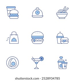 Conjunto de iconos de comida. Línea estilo Duotone, editable stroke. huevos, entrega rápida, fideos, comida chatarra, bandeja de comida, hamburguesa, cóctel, bebidas, comida rápida.