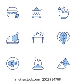 Food icons set. Line Duotone style, editable stroke. cooking, samosa, spicy food, turkey, lettuce, food cart, healthy food, fish, burger.