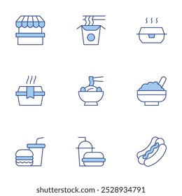 Food icons set. Line Duotone style, editable stroke. baby food, junk, kimchi, noodles, hot dog, hot, food box, food stand, fast.