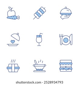 Food icons set. Line Duotone style, editable stroke. cooking pot, drink, tokbokki, food box, food tray, fruit, food, hamburguer.