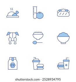 Food icons set. Line Duotone style, editable stroke. baby food, fast food, kimchi, laboratory, roast chicken, food package, chicken, banh mi.