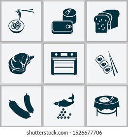 Food icons set with loaf, meat, sausage and other interior
elements. Isolated vector illustration food icons.
