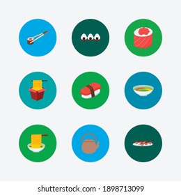 Food icons set. Maguro nigiri and food icons with rice ball, soup and spaghetti. Set of product for web app logo UI design.