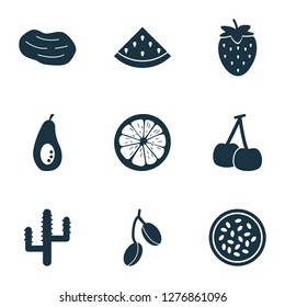 Food icons set with marakuja, cherry, melon and other morello elements. Isolated vector illustration food icons.