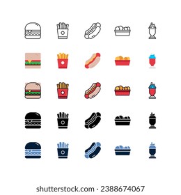 Food icons set, Set of meals, burger, french fries, hot dog, nachos, milkshake, icons