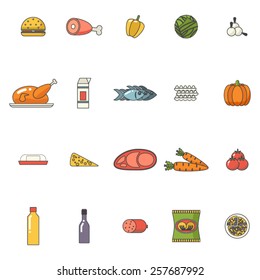 Food Icons Set Meat Fish Vegetables Drinks for Cooking Symbols Healthy and Healthsome on Stylish Background Flat Design Template Vector Illustration