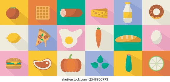 Food icons set. Meat, fruits and vegetables. Healthy lifestyle, proper diet and nutrition. Egg, hamburger, milk and cheese. Baguette and donut, apple and carrot. Flat vector collection