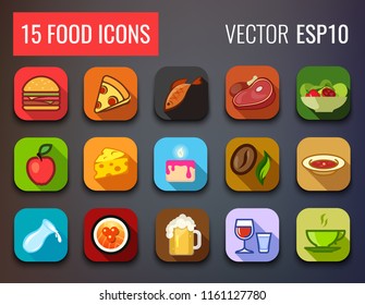 Food Icons Set for Menu of Cafe and Restaurant. The Vector Icons nice looks in Mobile Application and Web-Site. The Set of Food Icons can be used on a Light background and without shadow under icons.