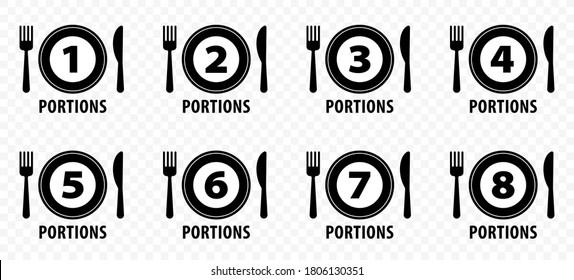 Food icons set for menu or product packaging. Plate with fork, knife and number indicating the number of servings. Vector illustration	
