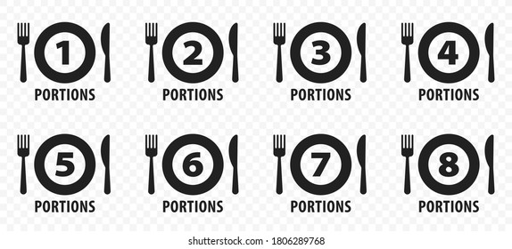 Food icons set for menu or product packaging. Plate with fork, knife and number indicating the number of servings. Vector illustration	
