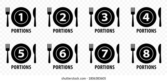 Food icons set for menu or product packaging. Plate with fork, knife and number indicating the number of servings. Vector illustration	
