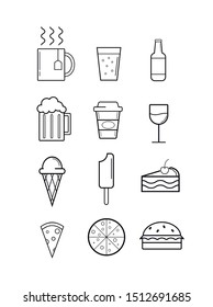 Food icons. Set of icons. Nutrition. Food. Glasses. Cup. Pizza. Wine.