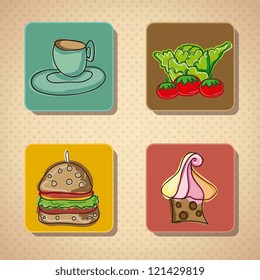 Food Icons set on vintage background, vector illustration