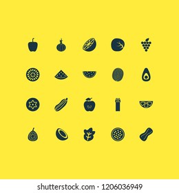 Food icons set with palm fruit, grapes, passion fruit and other grapefruit elements. Isolated vector illustration food icons.