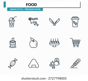 Conjunto de iconos de alimentos: taza de plástico para beber, línea de pesca, cuchillos, gráfico de Carrito, colección de Vector de contorno de cuchillo de papel.