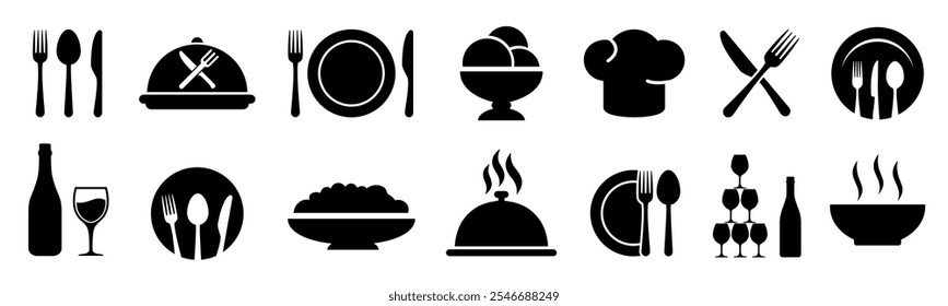 Food icons set, plate, fork, knife and spoon, set logotype menu, cutlery icon, tableware sign, catering icons, restaurant signs
