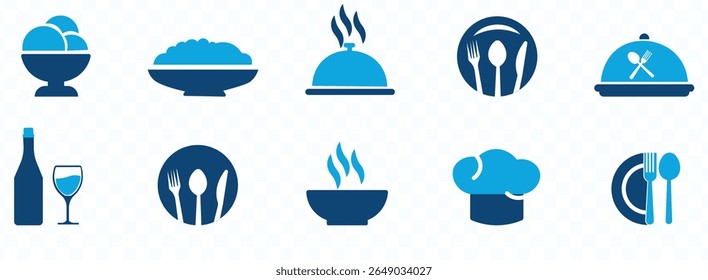 Food icons set, plate, fork, knife and spoon, set logotype menu, cutlery icon, tableware sign