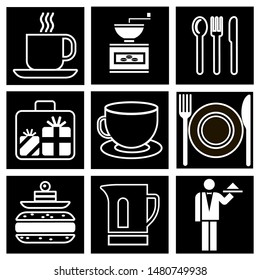 Food icons set.
Products and items for making and eating, black and white drawing.