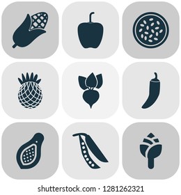 Food icons set with root, papaya, pineapple and other cayenne elements. Isolated vector illustration food icons.