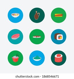 Food icons set. Saba nigiri and food icons with sushi roll, chopstick and egg soup. Set of portion for web app logo UI design.