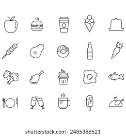 Food Icons set. Simple Set of Meal Related Vector Line Icons. Contains such Icons as Fruit Basket,  Noddle , Healthy Smoothies and more. Editable Stroke.