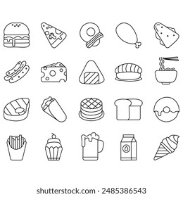 Food Icons set. Simple Set of Meal Related Vector Line Icons. Contains such Icons as Fruit Basket,  Noddle , Healthy Smoothies and more. Editable Stroke.