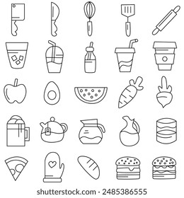 Food Icons set. Simple Set of Meal Related Vector Line Icons. Contains such Icons as Fruit Basket,  Noddle , Healthy Smoothies and more. Editable Stroke.