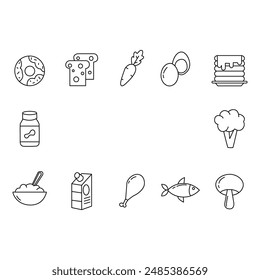 Food Icons set. Simple Set of Meal Related Vector Line Icons. Contains such Icons as Fruit Basket,  Noddle , Healthy Smoothies and more. Editable Stroke.