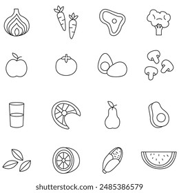 Food Icons set. Simple Set of Meal Related Vector Line Icons. Contains such Icons as Fruit Basket,  Noddle , Healthy Smoothies and more. Editable Stroke.