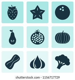 Food icons set with starfruit, pear, garlic and other coconut elements. Isolated vector illustration food icons.