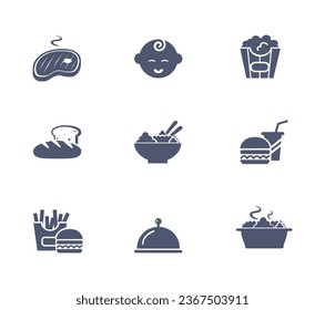 Food icons set. Steak icon, baby food icon, popcorn icon, fast food icon, burger 