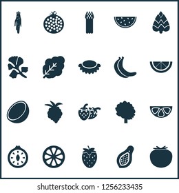 Food icons set with strawberries, papaya, tree and other tropical fruit elements. Isolated vector illustration food icons.