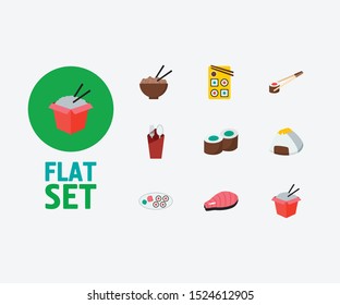 Food icons set. Sushi sticks and food icons with onigiri, fork with spoon and kappa maki. Set of dining for web app logo UI design