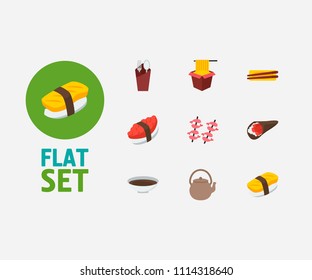 Food icons set. Tako maki and food icons with soy, shrimp and fork with spoon. Set of chopsticks for web app logo UI design.