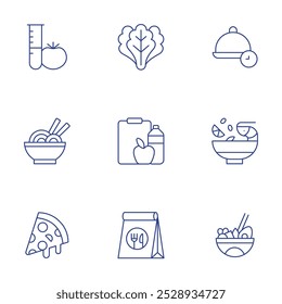 Food icons set. Thin Line style, editable stroke. takeaway, tom yum, laboratory, lettuce, lunch time, noodles, nutrition, pizza slice, poke bowl.