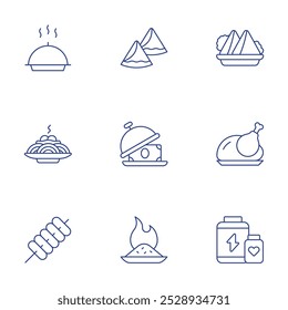 Food icons set. Thin Line style, editable stroke. samosa, spaguetti, spicy food, supplementary food, tokbokki, tray, turkey.