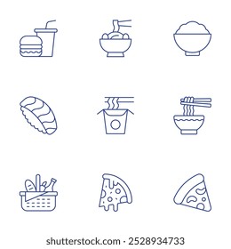 Food icons set. Thin Line style, editable stroke. junk food, kimchi, nigiri, noodles, picnic, pizza.