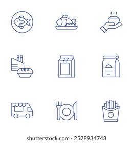 Food icons set. Thin Line style, editable stroke. fish, food, food industry, pack, food package, truck, french fries.