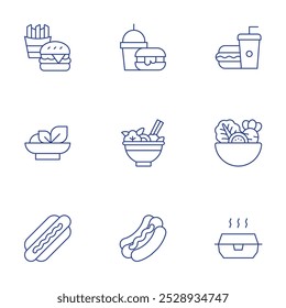 Ícones de comida definidos. Estilo Thin Line, traço editável. fast food, cachorro-quente, comida quente, salada.
