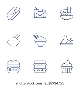 Food icons set. Thin Line style, editable stroke. fast food, hamburger, hamburguer, sweet food, yakisoba, rice bowl, rice, roast chicken.