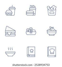 Food icons set. Thin Line style, editable stroke. fast food, groceries, hot food, sandwich, tzatziki, vegetables, recipe book.