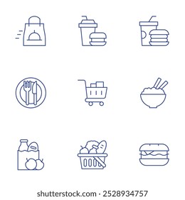 Food icons set. Thin Line style, editable stroke. fast delivery, fast food, grocery bag, grocery, hamburger, shopping cart, restaurant, rice.