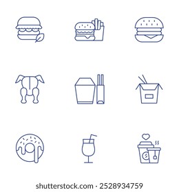 Food icons set. Thin Line style, editable stroke. burger, chicken, chinese food, donut, drink, drinks.