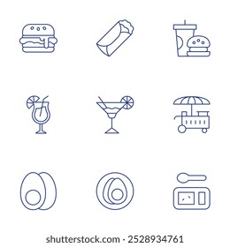 Food icons set. Thin Line style, editable stroke. burger, burrito, cocktail, egg, eggs, fast food, food cart, food tray.