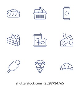 Food icons set. Thin Line style, editable stroke. banh mi, basket, beer, cake, canned food, cheese, corndog, crepe, croissant.