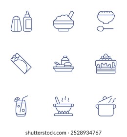 Food icons set. Thin Line style, editable stroke. baby food, burrito, cafeteria, cake, cocktail, cooking pot, cooking, salt.